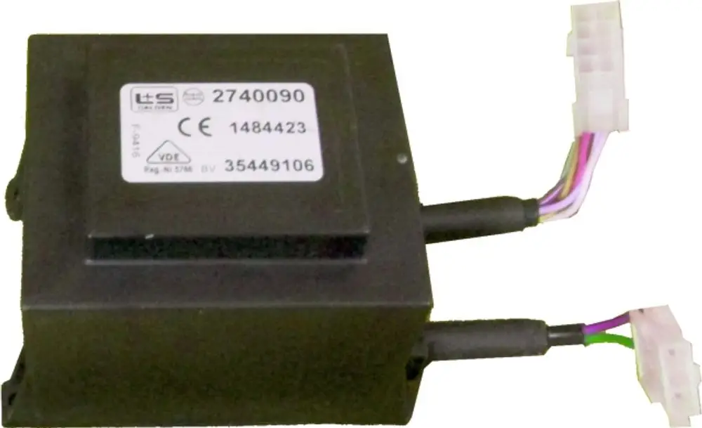 Transformator mit Anschlusskabel, gezeichnet in schwarzem Gehäuse. Anschlüsse für elektrische Verbindung sichtbar, mit Markenkennzeichnung von Wolf.